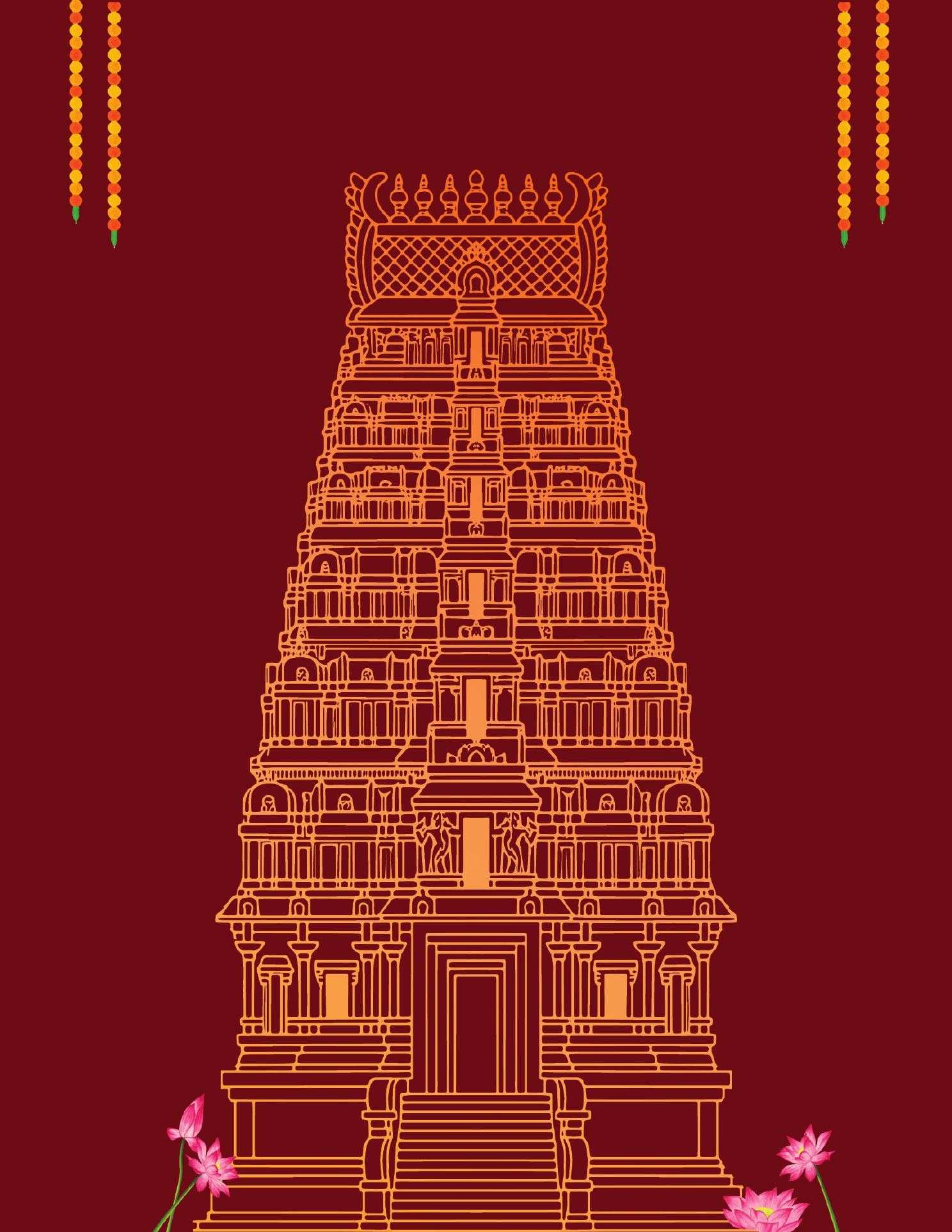 The invitation cover — a gopuram in saffron line-art