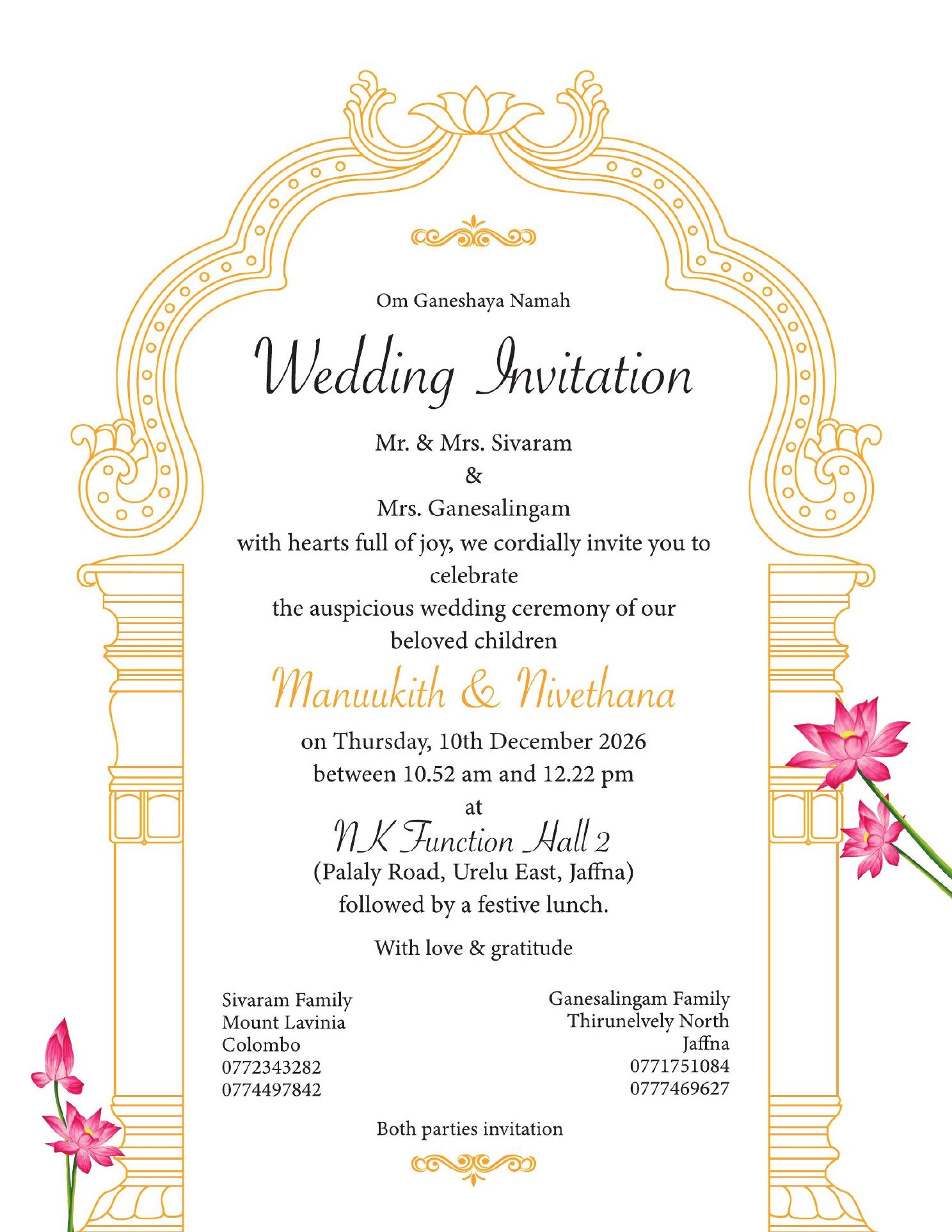 The invitation in English, with the muhurtham details